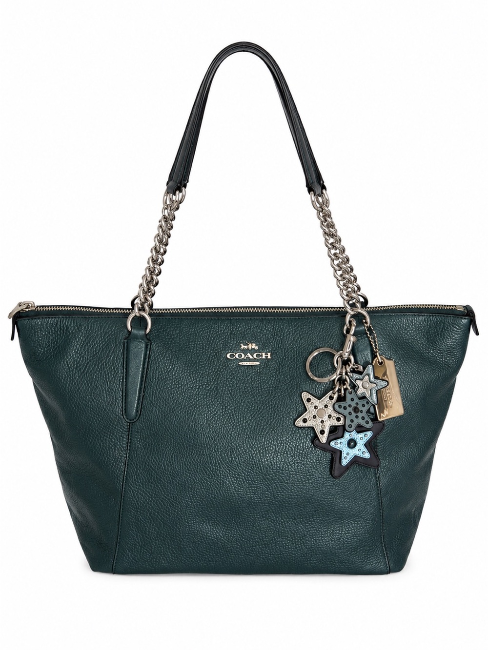 Coach Ava Tote Teal Metallic Pebbled Leather Zip Top Shoulder Bag Purse